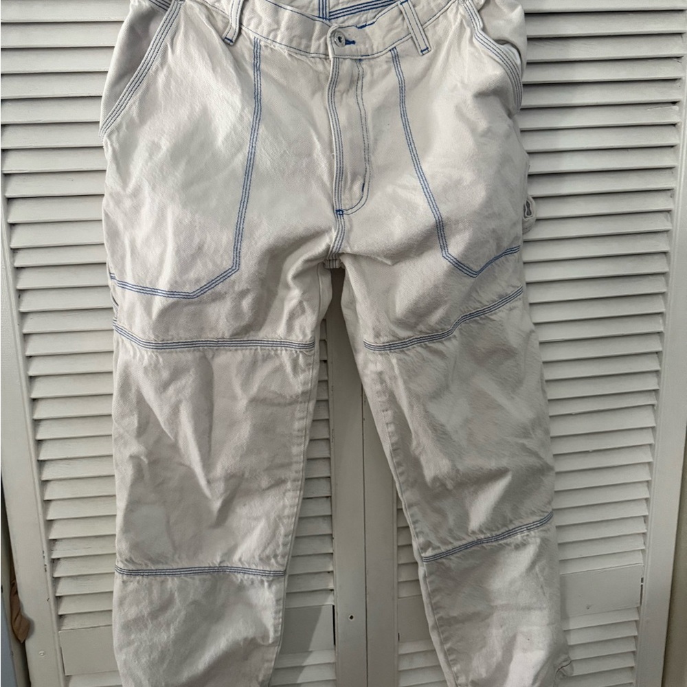 HUGO White Cargo Pants with Blue Stitching